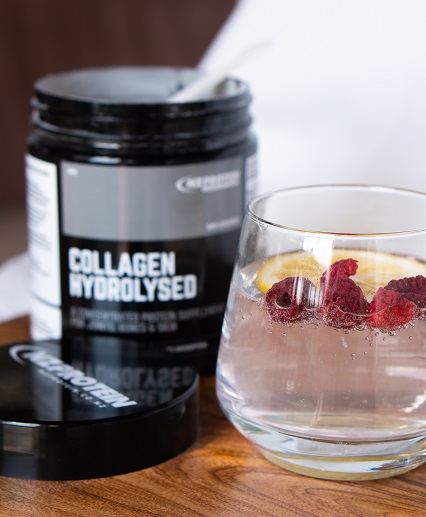 nzprotein collagen mixed in a glass with container in the background