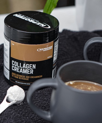 nzprotein collagen creamer with scoop and mug