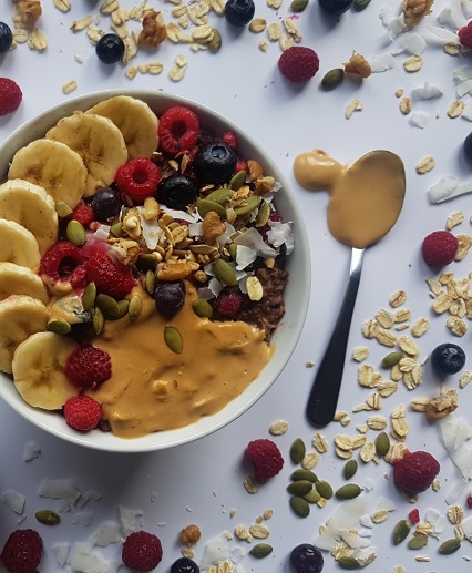 powdered peanut butter on muesli bowl