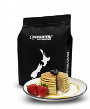 nz protein pancake mix bag with pancakes on plate in front