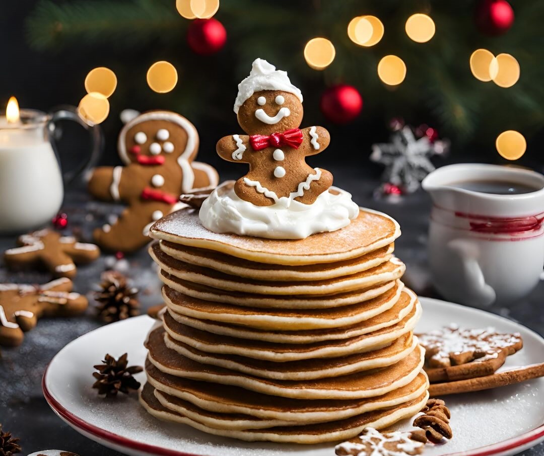 stack of pancakes on a plate with gingerbread men