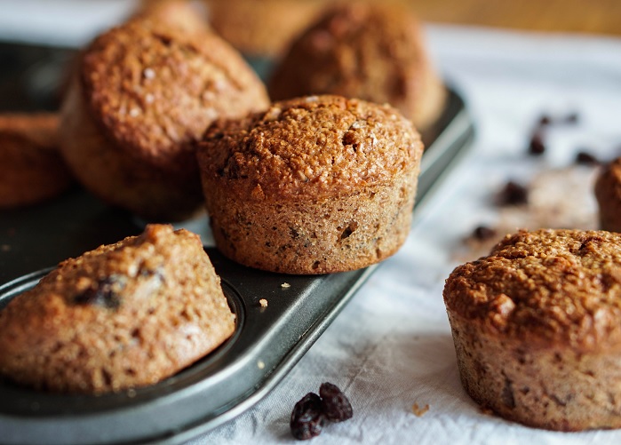 bran protein muffins on tray