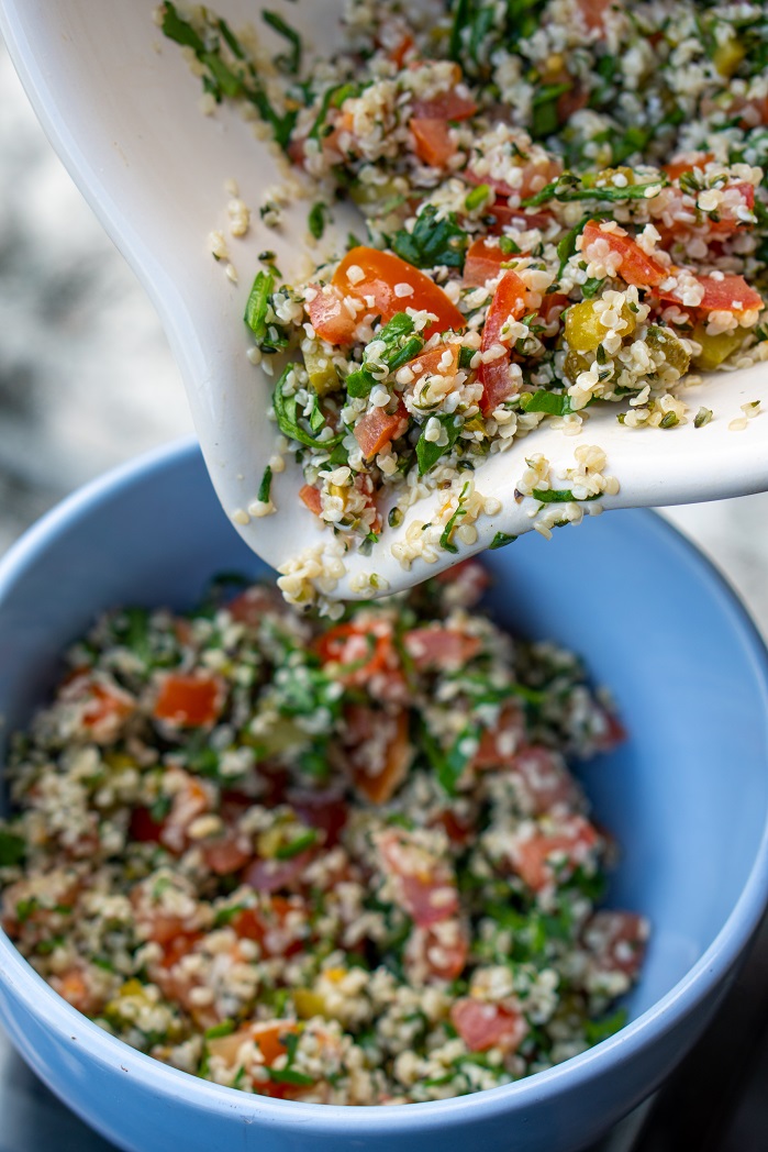 hemp heart tabouli mixed together in a blue bowl