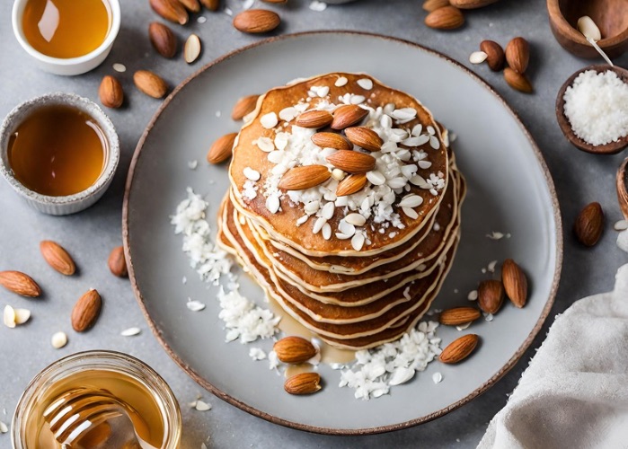 almond flour based protein pancakes stacked on a plate with nuts