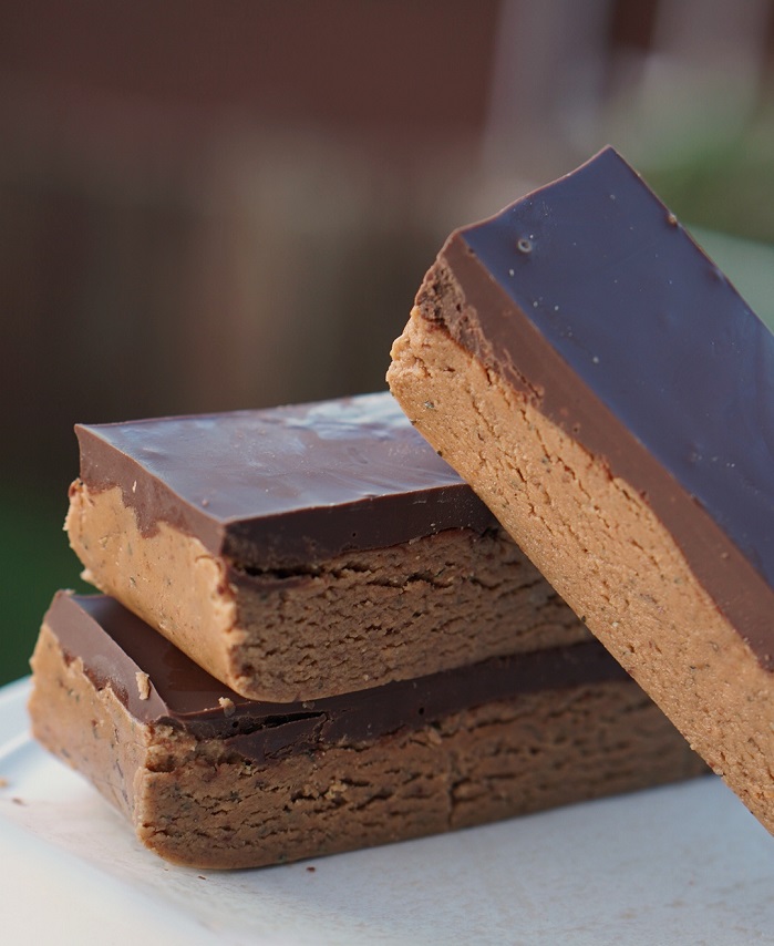 banana and peanut butter protein bars stacked up