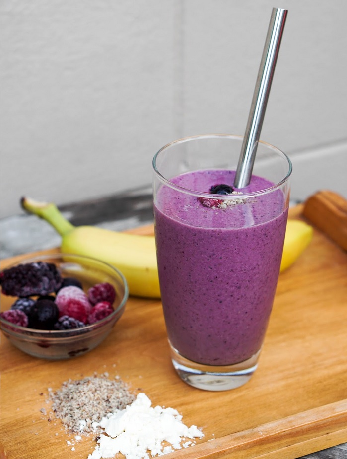 berry banana LSA smoothie in cup with straw