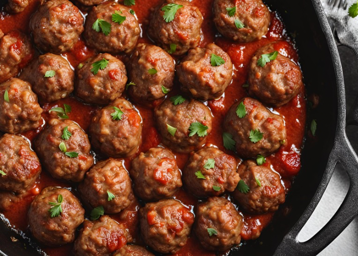 black bean spaghetti with turkey meatballs cooked in a round bowl