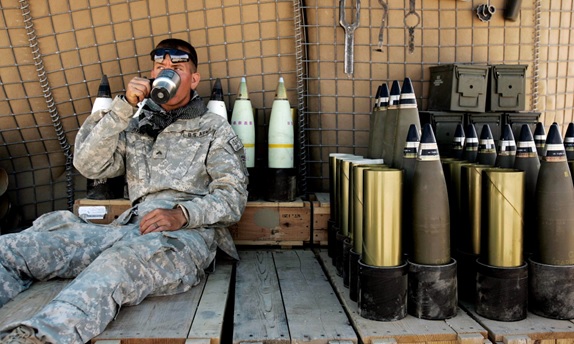 US soldier drinking coffee stock image