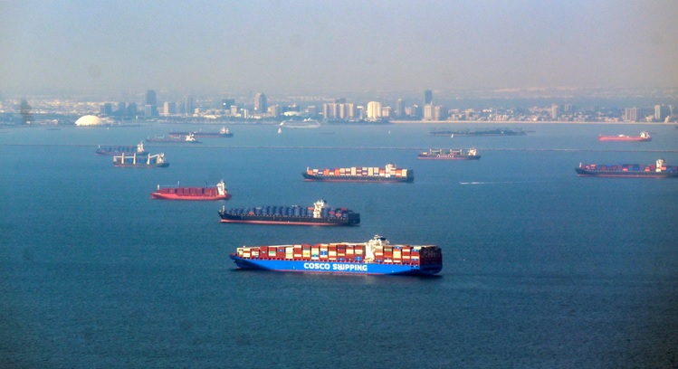 cargo ships in ocean stock image