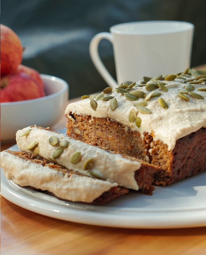 carrot cake with LSA on wooden board