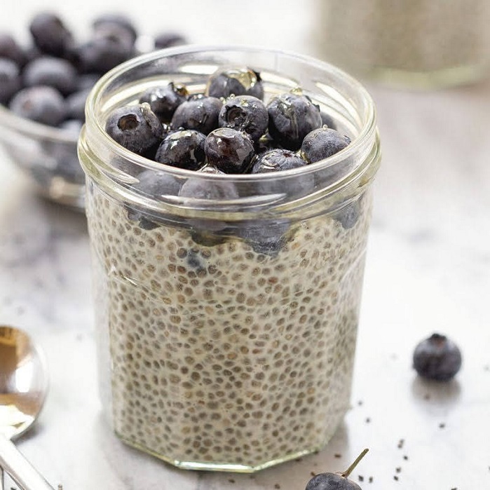 chia seeds with blueberries in glass