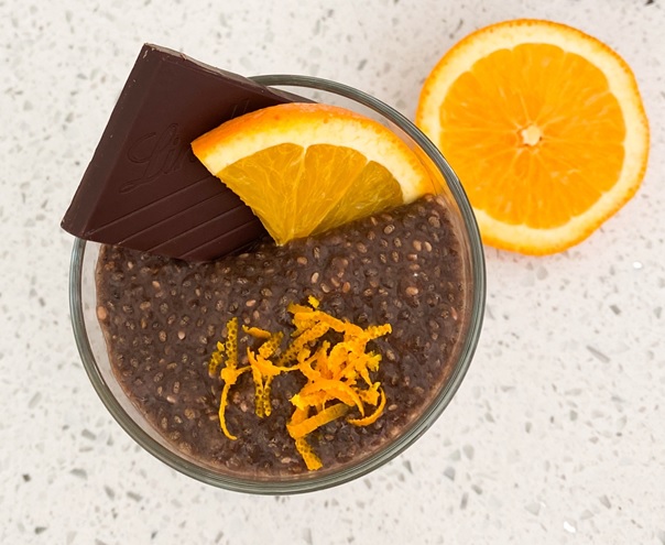 chia seed pudding recipe made in cup with orange and chocolate