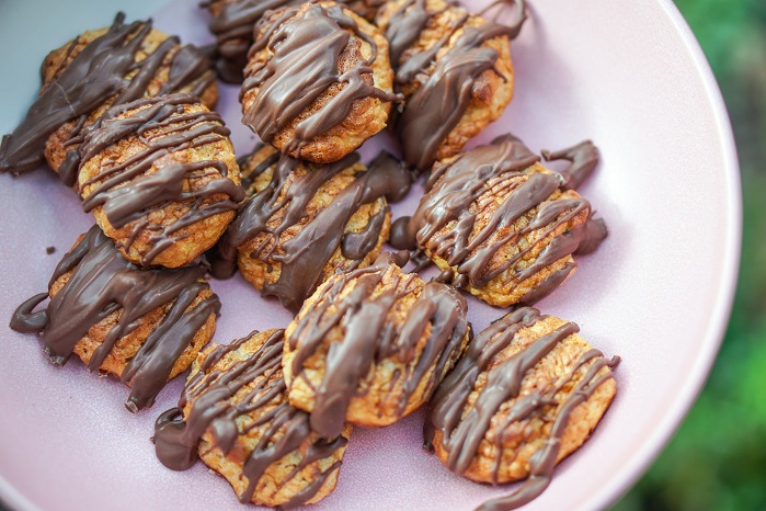 collagen based coconut puffs drizzled in chocolate sauce