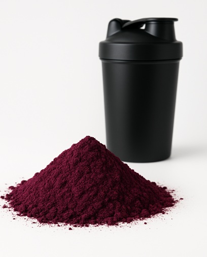 dark plum powder in front of a black steel shaker bottle