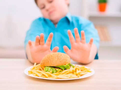 boy pushing away burger and fries stock image