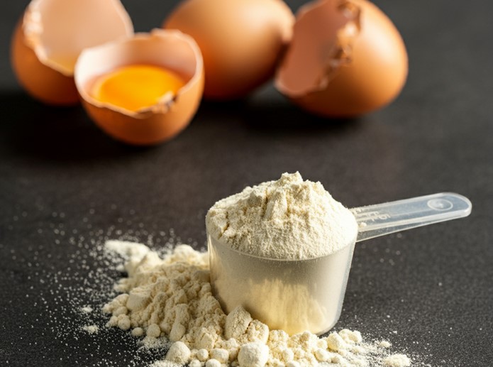 egg white protein in a plastic scoop with eggs in the background