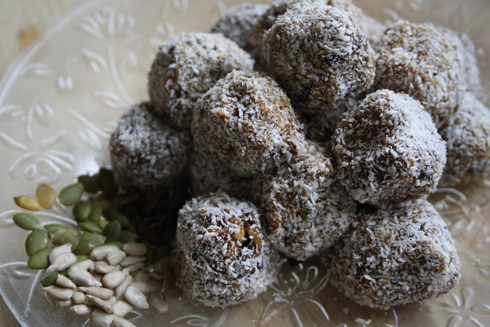 pumpkin chocolate chip energy bites made and on plate