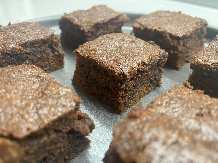 faba protein brownies baked and cut into squares