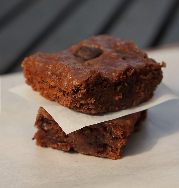 faba and chickpea protein brownies stacked