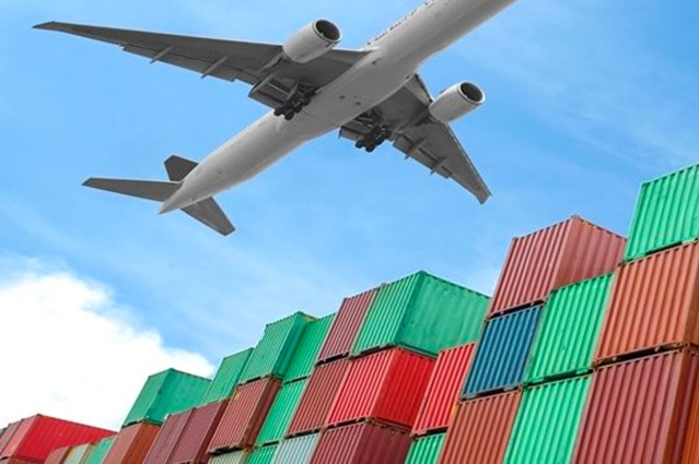 freight plane and shipping containers stock image
