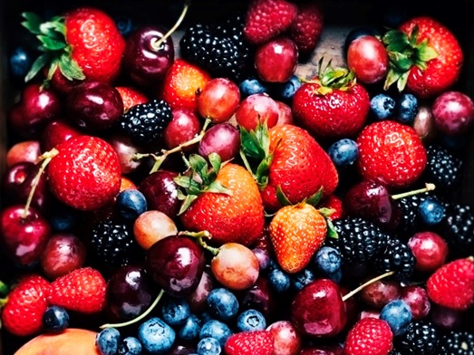 strawberries, grapes, cherries, blueberries, blackberries