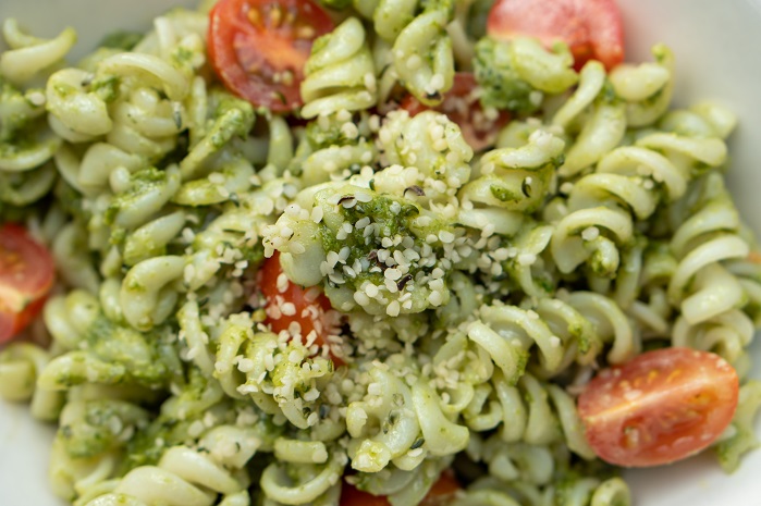 pasta with hemp seeds close up