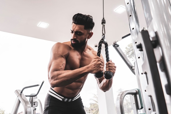 man doing tricep cable pushdowns stock image