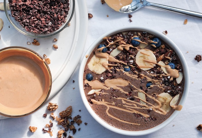 mousse smoothie bowl made in bowl with powdered peanut butter