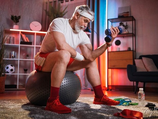 older man curling dumbell on a ball at home stock image