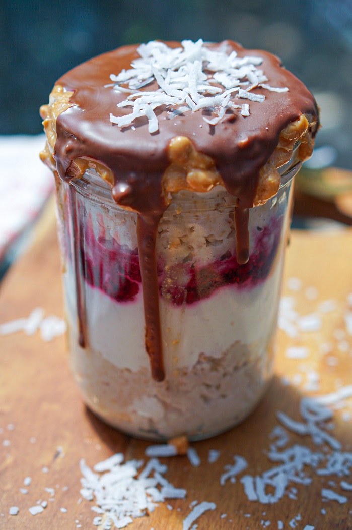 protein-oats in jar with chocolate drizzle