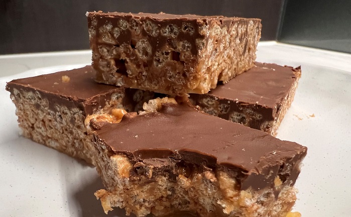 protein bubble slice bars stacked on a white plate