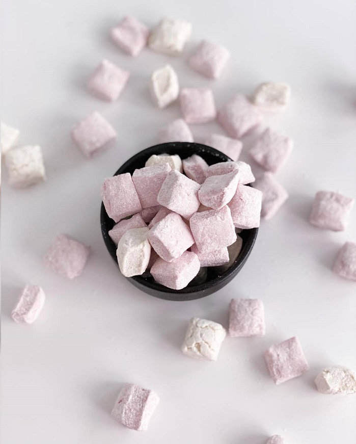 protein marshmallows on white bench