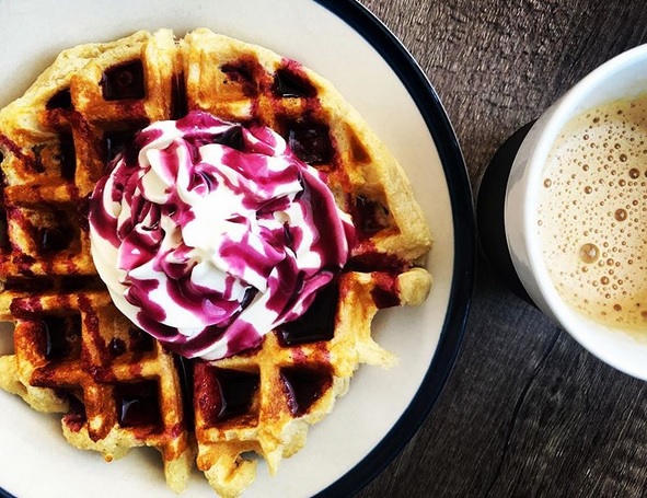 pancake mix waffles on plate with cream