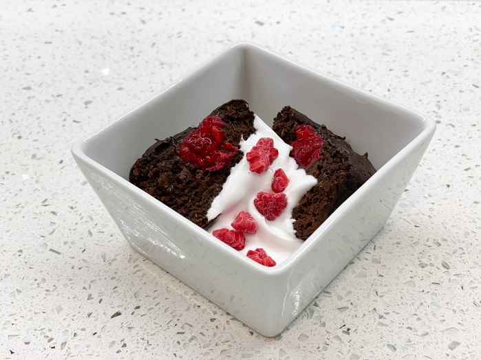 protein brownie bites with coconut yoghurt in bowl