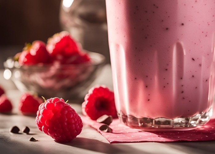 raspberry protein smoothie in a glass jar